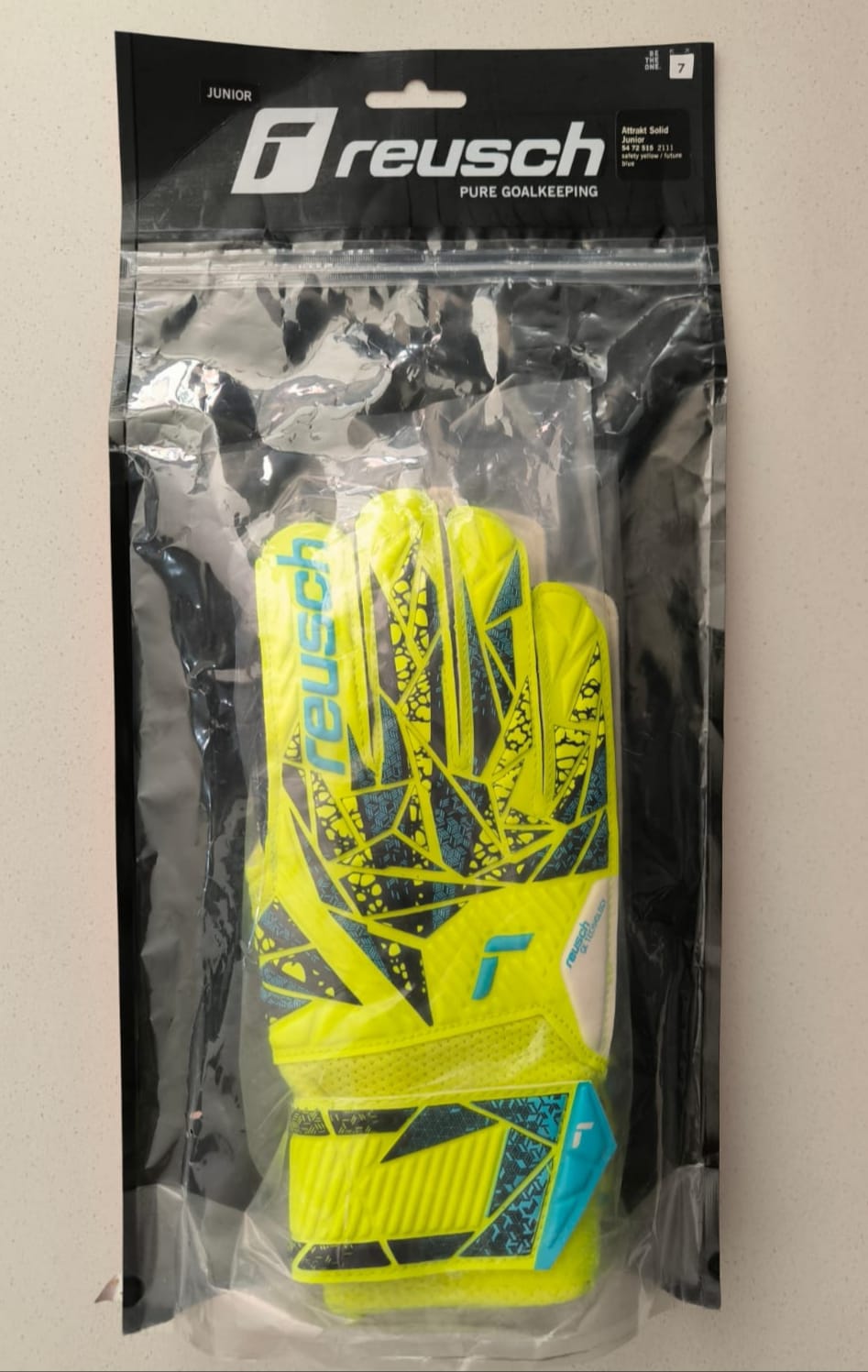 Reusch Attrakt – Guantes de Portero Juvenil, Transpirables y Duraderos, Para Césped Artificial y Superficies Duras, Niños y Jóvenes, Color Amarillo de Seguridad/Azul Futuro