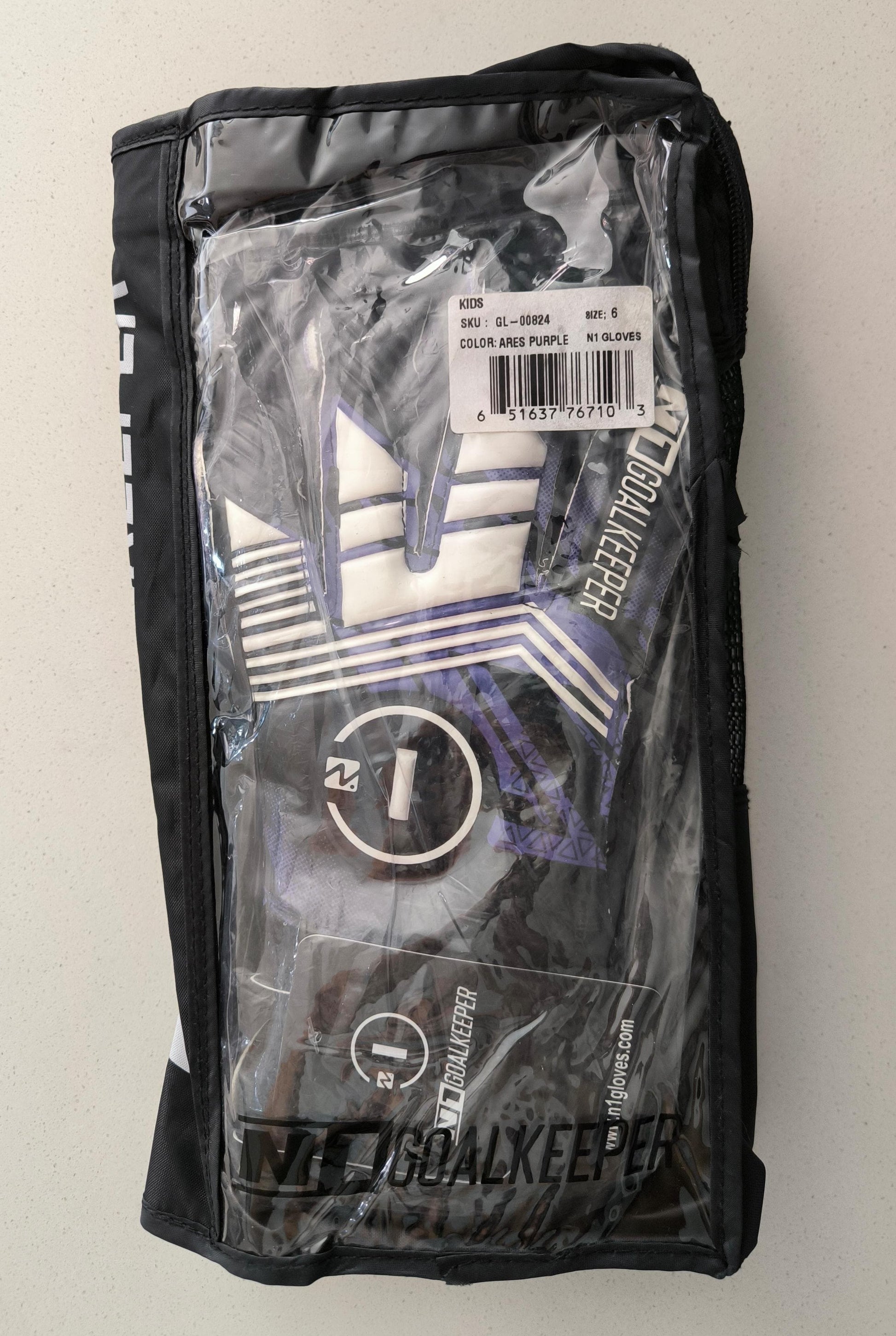 N1 Goalkeeper Gloves Ares Kids – Guantes de Portero para Niños con Corte Ergoroll, Palma de Látex Alemán, Color Negro/Morado, Ajuste Estándar